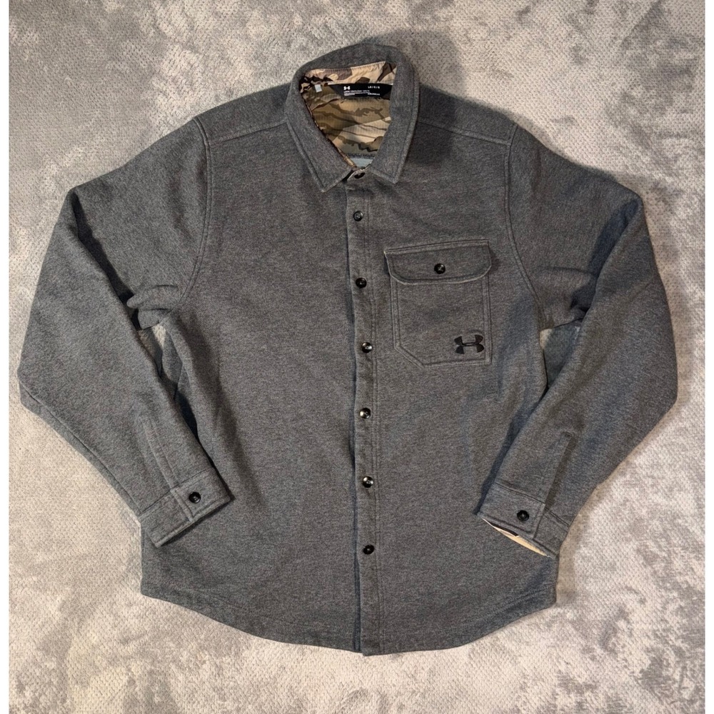 Under Armour ColdGear Large Gray Button Front Fleece Shirt Jacket Shacket Camo